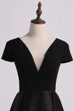 2022 Open Back V-Neck Short Sleeve A-Line Satin Evening Dress Black Bodice P2KGBHTC