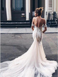 Charming Mermaid Sweetheart Backless Tulle Wedding Dresses with Lace Appliques STG15111