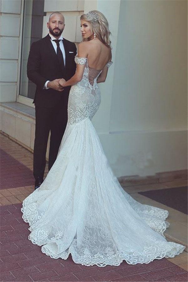 Sexy Queen Mermaid Sweetheart Ivory Lace Off-the-Shoulder Open Back Wedding Dresses