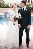 Lace A-Line Beading Ivory Scoop Chiffon Half Sleeve Floor-Length Wedding Dresses