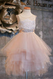 Blush Pink Flower Girl Dresses Cap Sleeve Asymmetric Tulle Lace Top Cute Dress for Kids