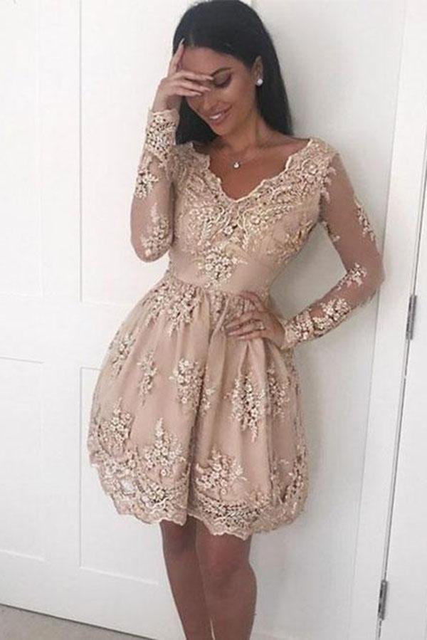 A Line V neck Lace Short Prom Dress Long Sleeve Satin Appliques Homecoming Dresses