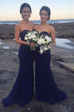 Sexy Mermaid Sweetheart Strapless Backless Sweep Train Bridesmaid Dresses with Pleats