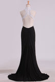 2024 Bicolor Prom Dresses High Neck Sheath With Applique & Beads Sweep/Brush PZ3LAJM9