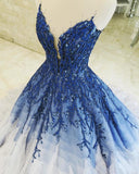 Ombre Ball Gown Royal Blue Prom Dresses With Appliques, Long V Neck Quinceanera Dresses STG15275