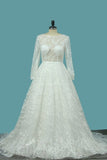2024 Lace Wedding Dresses A Line Scoop Long Sleeves With Sash P2TJ6EM8