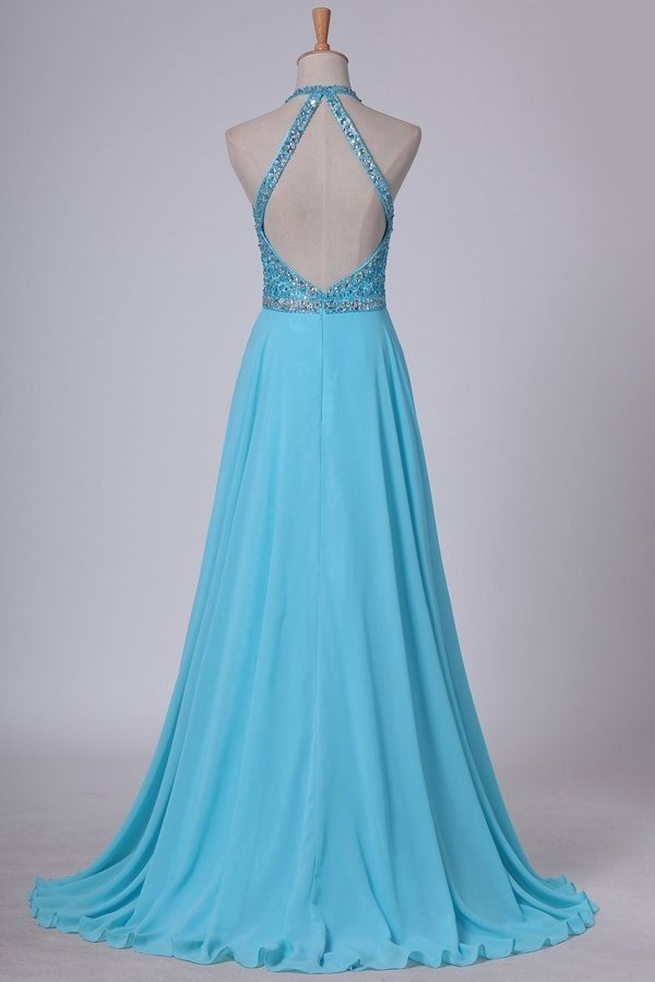 2024 Sexy Open Back Halter Chiffon & Tulle With Beading A Line PQA15QXA
