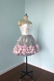 Cute Gray Strapless Tulle Homecoming Dresses with Flowers Short Sweet 16 Dresses STG14971