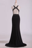 2024 Black Open Back Prom Dresses Scoop Spandex With Beading & Slit Sweep PNR5RTYK