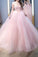2022 Pink Ball Gown Jewel Long Sleeves Sweep/Brush Train Lace Tulle PFJFBNQK