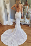 Luxurious Mermaid Lace Ivory V Neck Wedding Dresses, Backless Straps Wedding Dresses STG15522
