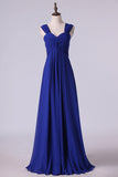2024 Dark Royal Blue Prom Dresses A Line Straps Floor Length Chiffon PB2P1C64