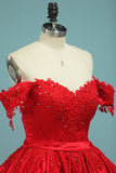 2024 Ball Gown Off-The-Shoulder Satin With Applique Color Red P9F12333