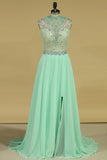 2024 A Line High Neck Prom Dresses Chiffon With Beads And Applique Open P37FGLYP
