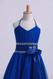 2024 Dark Royal Blue Halter A Line High Low Flower Girl Dresses Beaded PA9QX5CF