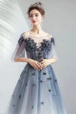 A Line Half Sleeves Tulle Long Ombre Prom Dress with Appliques Blue Evening Dresses STG15001