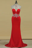 2024 Spandex High Neck Sheath Prom Dresses With Beading P7M76Q89