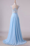 2024 Scoop Cap Sleeves Prom Dresses Chiffon With Applique P8FRGNCK