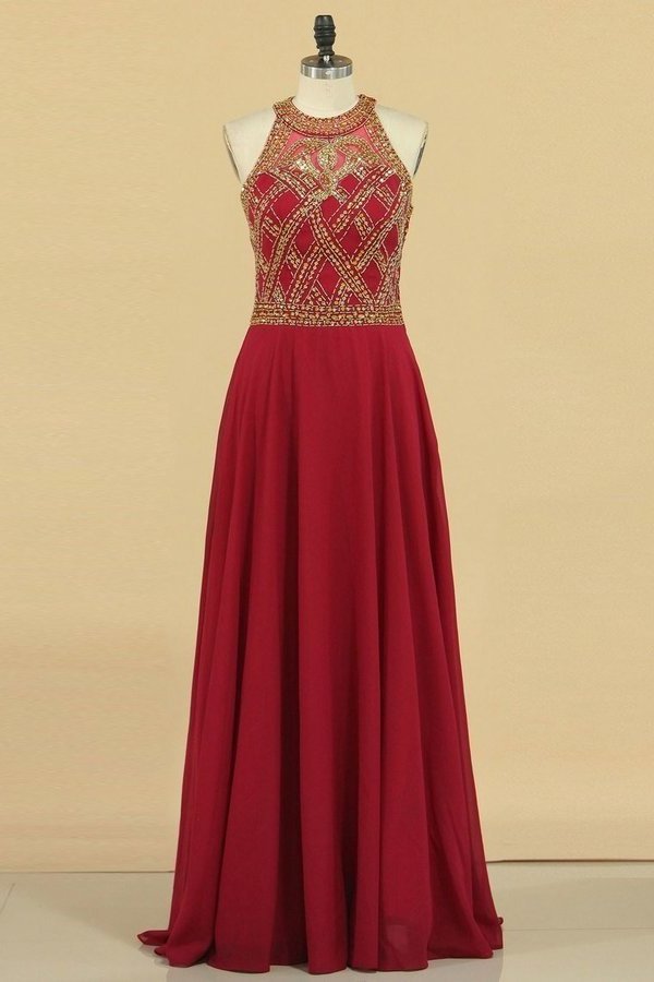 2022 Prom Dresses Scoop A Line Chiffon With Beads Floor PH3JXNAZ