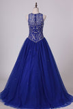 2024 Dark Royal Blue Scoop Quinceanera Dresses Ball Gown Tulle With Beading Court PQQPSN71