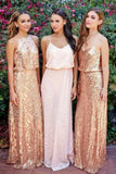 Cheap Pink Lace Sparkly Sequin Gold Mismatched Bridesmaid Dresses, Long Prom Dresses STG15129