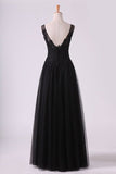 2024 Black Bateau Evening Dresses Tulle With Applique & Beads Floor PJBPXM3T