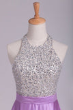 2024 Sexy Open Back Halter Beaded Bodice A Line Prom PGHSNF7G