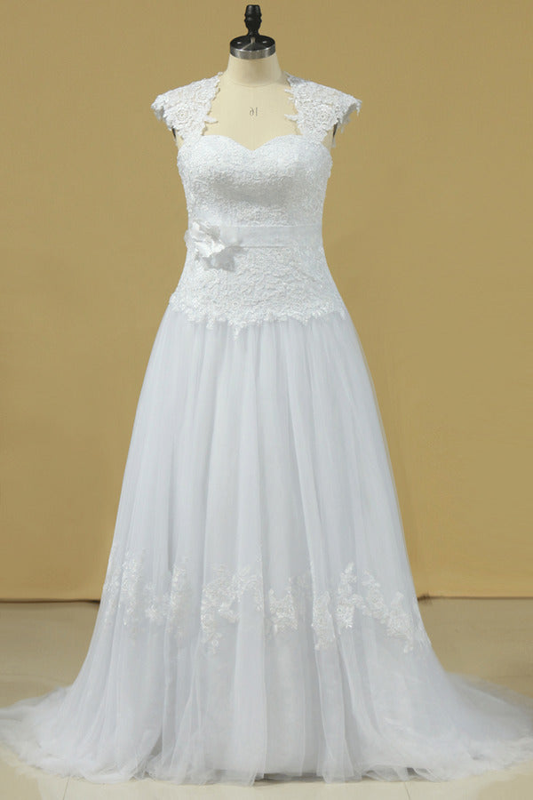 2022 Open Back A Line Tulle With Applique And Handmade Flower Wedding Dresses Court PQLHYJXS