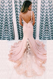 Unique Mermaid V Neck Spaghetti Straps Pink Prom Dresses, Cheap Party Dress STG15605