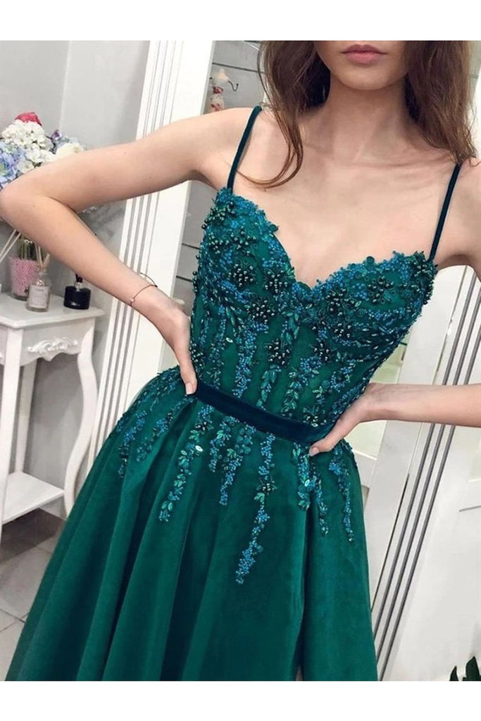 Charming A Line Tulle Spaghetti Straps Beading Prom Dresses Evening STGP6CP4ZJB