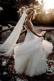 Elegant A Line V Neck Tulle Wedding Dresses with Flowers, V Back Beach Wedding Gowns STG15513