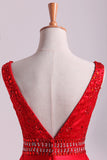 2024 Hot Red Satin Prom Dresses Straps Floor Length Beaded Bodice A PA9ADZEE