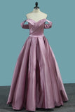 2024 Satin Prom Dresses Off The Shoulder Sweep Train PE27Y2FH