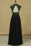 2024 Black High Neck Prom Dresses A Line Chiffon With Applique And P93SZ7Z5