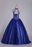 2024 Dark Royal Blue Halter Quinceanera Dresses Ball Gown Tulle With Beads & PKMTYX9P