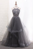 2024 A Line Tulle Spaghetti Straps Two-Piece Prom Dresses PLXSPEBS