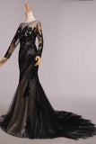 2024 Elegant Evening Dresses Mermaid Black Scoop Tulle With Applique Chic Mother Of Bridal P98ZSFBH