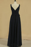 2024 Bridesmaid Dresses A Line Straps Ruched Bodice Chiffon Floor PTEP7BB6