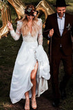 Simple Long Sleeve V Neck Chiffon Wedding Dresses, Lace V Back Beach Bridal Dresses STG15393