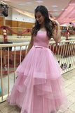 Unique Pink Tulle Long Prom Dresses, Strapless Belt Sweet 16 Dress STG15462