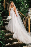 Elegant A Line Illusion Beads V Neck Tulle Long Backless Wedding Dresses Prom STGP8CG9KC9