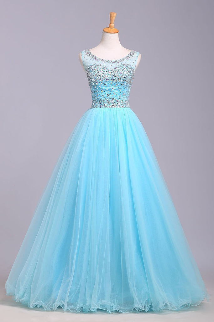 Ball Gown Blue Scoop Sequins Organza Long Prom Dresses Elegant Party Dresses