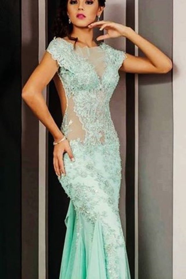 2022 Open Back Mermaid Scoop Prom Dresses Tulle With Applique PQG9G6BJ
