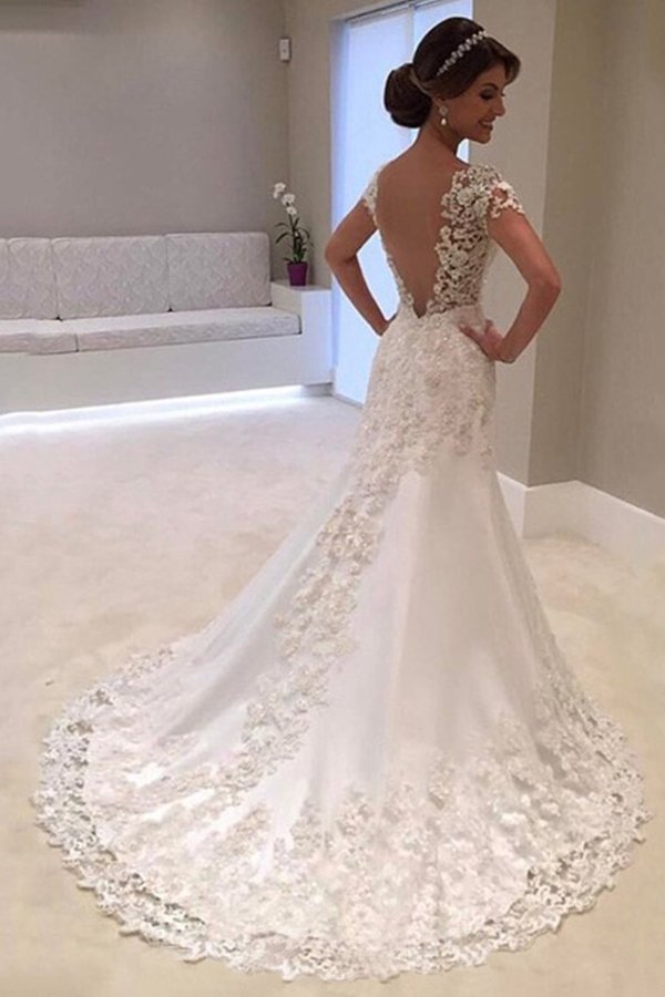 2022 New Arrival Mermaid/Trumpet V-Neck Tulle Wedding Dresses With Applique P9623872