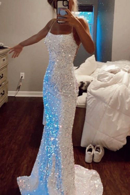 Glitter Sequin Long Backless Evening Gown Party Dresses Mermaid Sparkly Prom Dresses