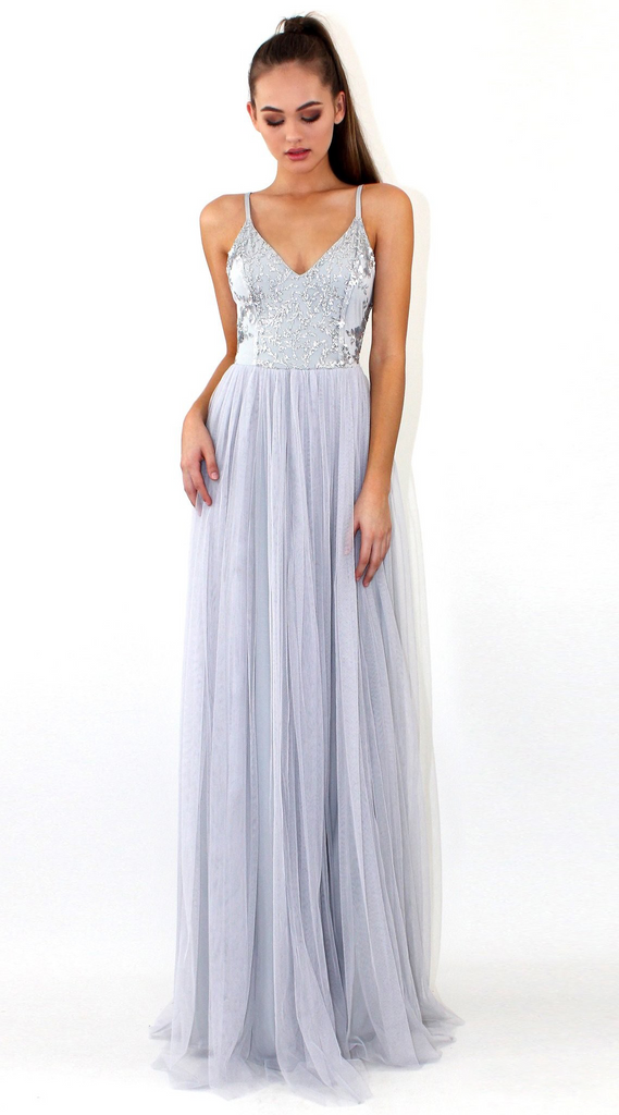 Light Grey Backless Spaghetti Straps Lace Tulle Long A-line V-Neck Prom Dresses