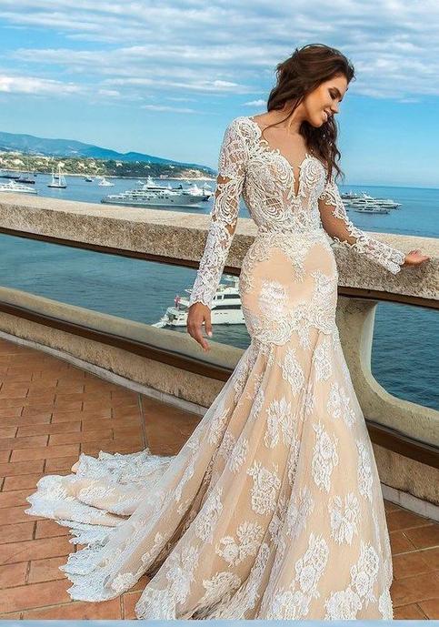 2022 White Lace Mermaid Deep V-Neck Backless Long Sleeve Wedding Dresses