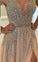 2022 A-line V-neck Nude Tulle with Slit Sexy Shinny Rhinestone Long Prom Dresses