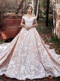 2022 A-Line Off the Shoulder Ball Gown Court Train Tulle Appliques Wedding Dresses
