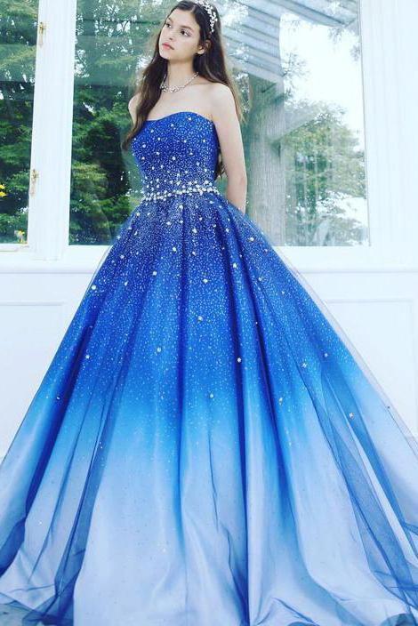 A Line Blue Strapless Sweetheart Ombre Sweep Train Ball Gown Beads Tulle Prom Dresses